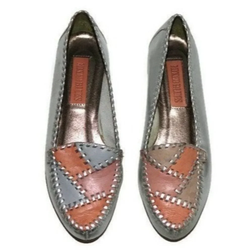 Vintage Womens Size 6 Shoes Metallic Silver Pink Leather Patchwork Moccasin - Picture 1 of 9